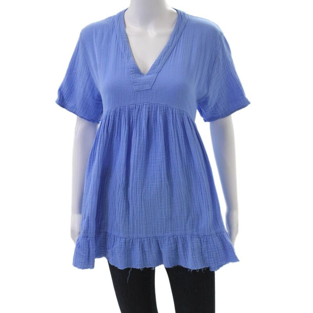 9 Seed Women Tunic Blouse V-Neck Blue Cotton Short Sleeve Size S